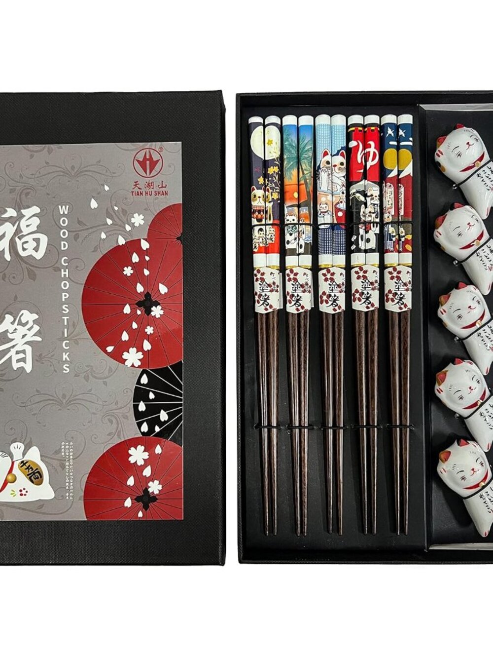 Wooden Chopsticks Reusable 5 Pairs Gift Set with 5pcs porcelain rest Lucky Cat D - Picture 2 of 9
